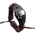 Handmade leather punk bracelet with silver alloy skull and adjustable hemp ropes - Brown Cord