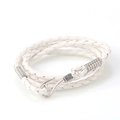 White multi-layer braided leather bracelet featuring a silver metal fish hook clasp - White