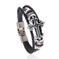 Braided leather bracelet with gothic silver cross pendant and magnetic metal clasp - Retro Cross Multi-layer Style