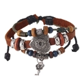 Vintage multilayer leather bracelet with wooden beads and silver heart key pendant - Brown Style With Heart Key Pendant
