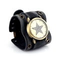 Orologio uomo stile punk retrò con cinturino largo in pelle nera e quadrante stella - Quadrante a Stella