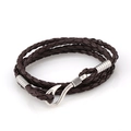 Multilayer braided dark brown leather nautical bracelet with vintage silver fish hook clasp - Brown