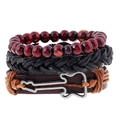 Set di bracciali da uomo stile rock in pelle e perline di legno con ciondolo a chitarra - Stile a Strati Pelle di Vacchetta Perle di Legno Chitarra (TZ025)