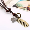 Collar con colgante de peine de bronce vintage y cordón de cuero de estilo retro - Cuerda de cuero marrón oscuro