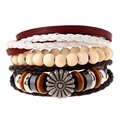 Set bracciale multistrato in pelle con corde intrecciate, perle di legno e ciondolo girasole - Combinazione Etnica Retrò (TZ010)