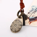 Vintage long leather necklace with bronze hollow mandala pendant and engraved metal plate - Light Brown Leather Cord