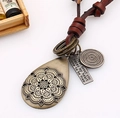 Vintage long necklace with bronze mandala pendant and adjustable dark brown leather cord - Dark Brown Leather Cord