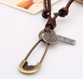 Collar retro con cuerda de cuero trenzado marrón y colgante de broche de bronce antiguo - Cuerda de cuero marrón oscuro
