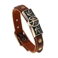 Bracciale multistrato in pelle marrone vintage con simbolo della pace e placca in bronzo - Marrone