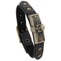 Bracciale punk in pelle con teschio e simbolo massonico con rivetti in bronzo - Nero