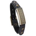 Retro multi-layer black leather bracelet for men with bronze Greek meander pattern plate - Black