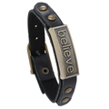 Retro black leather bracelet with bronze 'Believe' metal plate and adjustable buckle - Black