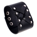 Retro punk black leather wide cuff bracelet with silver rivets and snap closure fasteners - Black