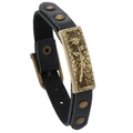 Bracciale retrò in pelle nera con placca rosa in bronzo e chiusura a fibbia regolabile - Nero