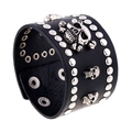 Punk vintage wide leather bracelet for men featuring silver skull charms and metal studs - Punk Skull Style