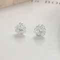 Elegant 999 silver rose flower stud earrings featuring a sparkling zircon center stone - 999 Fine Silver / Silver