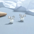 Bow pearl stud earrings in silver with square zircon and white round pearl drop - 925 Sterling Silver / Silver