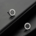 Minimalist silver round stud earrings with black center and textured metal edge for men - Starry Round Style (X677-A)