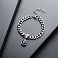 Silver Cuban chain bracelet with lucky engraving and a deep blue rectangular gemstone - Color Rhinestone Bracelet (S565-A)