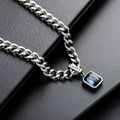 Cuban link necklace with Lucky engraving and blue rectangular gemstone pendant - Color Rhinestone Necklace (L690-A)