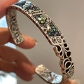 Vintage 925 silver wide open bangle with colorful shell inlay and engraved motifs - Water Splash Style (S633-A)