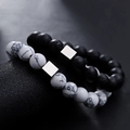 Volcanic stone and white turquoise bead bracelet set with geometric metal accents - Two Individual Bracelets (Black And White) / Black And White Pair (S605-AB)