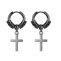 Close-up of black hoop earrings with detailed dragon head relief and hanging cross charms - Dragon Hoop / Black