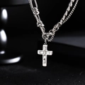 Modern silver titanium steel necklace with zircon inlaid cross pendant and layered chains - Cross Spliced Necklace (L604-A)
