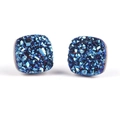 Macro shot of cobalt blue druzy crystal magnetic stud earrings with metallic luster - Blue Rounded Square