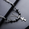 Collier à pendentif croix avec perles noires et chaîne argentée style vintage sombre - Collier Croix Double Couche