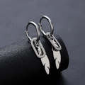 Silver feather pendant hoop earring in stainless steel with punk style oval link detail - Silver Feather Hoop Earrings (Pair)