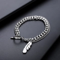 Industrial vintage silver double-layer bracelet with Cuban chain and feather charm - Silver Feather Double Layer Bracelet