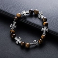 Bracciale di perle occhio di tigre con croce d'argento vintage su sfondo in pelle nera - Stile Croce in Pietra Occhio di Tigre (S878-A)