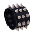Punk style black leather bracelet with triple row silver metal spikes and snap closures - Black Triple Row Spikes (P01830)