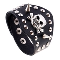 Punk wide leather bracelet with silver studs and metal skull crossbone emblem in black - Black Skull Rivet (P01826)