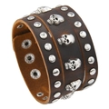 Punk vintage brown leather cuff bracelet with silver skull charms and metal studs - Brown