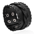 Bracciale punk da uomo in pelle intrecciata con bottoni automatici regolabili argento - Nero