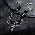 Bracciale con croce in acciaio inossidabile a doppia catena con perle nere sfaccettate - Stile con Perline a Croce (S889-A)