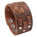 Retro-Breitarmband aus dunkelbraunem Leder mit Webdetails und silbernen Druckknöpfen - Dunkelbraun