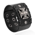 Punk style wide black leather wristband bracelet with silver iron cross and metal eyelets - Black