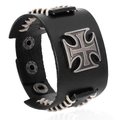 Brazalete ancho de cuero estilo punk con cruz de metal y bordes trenzados blancos - Negro
