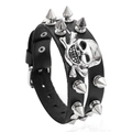 Punk rock wide leather bracelet with silver metal spikes and skull crossbone emblem - Black