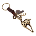 Vintage bronze deer keychain with braided leather strap and engraved metal pendant - Bronze Hollow Deer (K136)