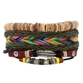 Bohemian multi-layer leather bracelet set with wooden beads and silver feather charm - Vintage Multi Layer Set (TZ043)