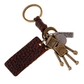 Retro robot keychain with woven leather strap and bronze metal charms on white background - Retro Robot