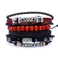 Retro multi-layer men's braided leather bracelet set with beads and metal feather charm - Retro Woven Feather Pendant Bracelet Set (TZ080)