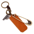 Portachiavi artigianale in pelle con spilla di sicurezza in bronzo e ciondoli vintage - Stile Spilla Vintage Marrone