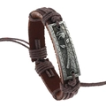 Vintage brown braided leather bracelet featuring a relief rose on antique silver metal plate - Rose Charm Style / Brown