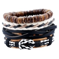 Men's retro multilayer leather bracelet set with woven hemp rope and wooden beads - Set of 4 (TZ068)