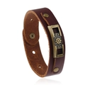 Retro wide dark brown leather bracelet with sunburst metal plate and bronze rivets - Dark Brown Sun Motif (GH017)